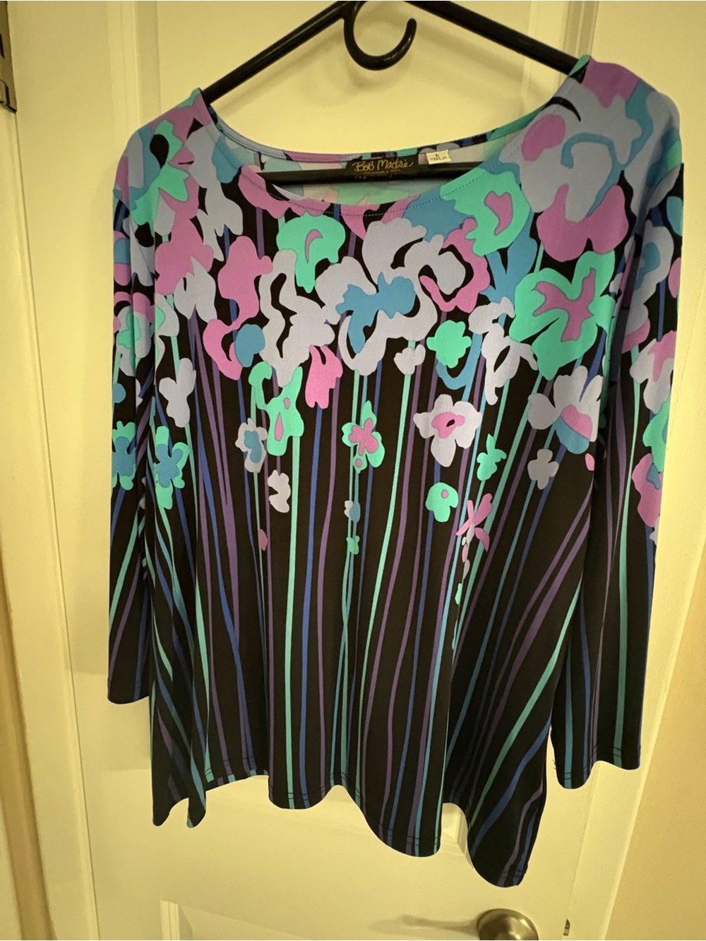 Bob Mackie Black Long-Sleeve Top with Teal, Purple & Pink Floral Print